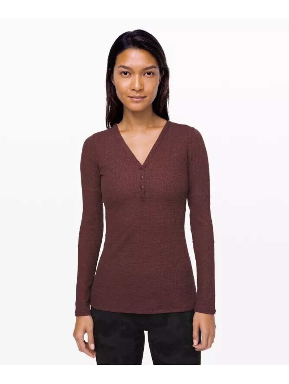 Lululemon Y2K Close Call Mesh Babydoll Henley Waffle Knit Thermal Top Maroon XL